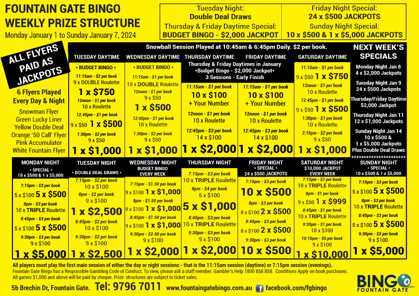 Fountain Gate Bingo Prizes